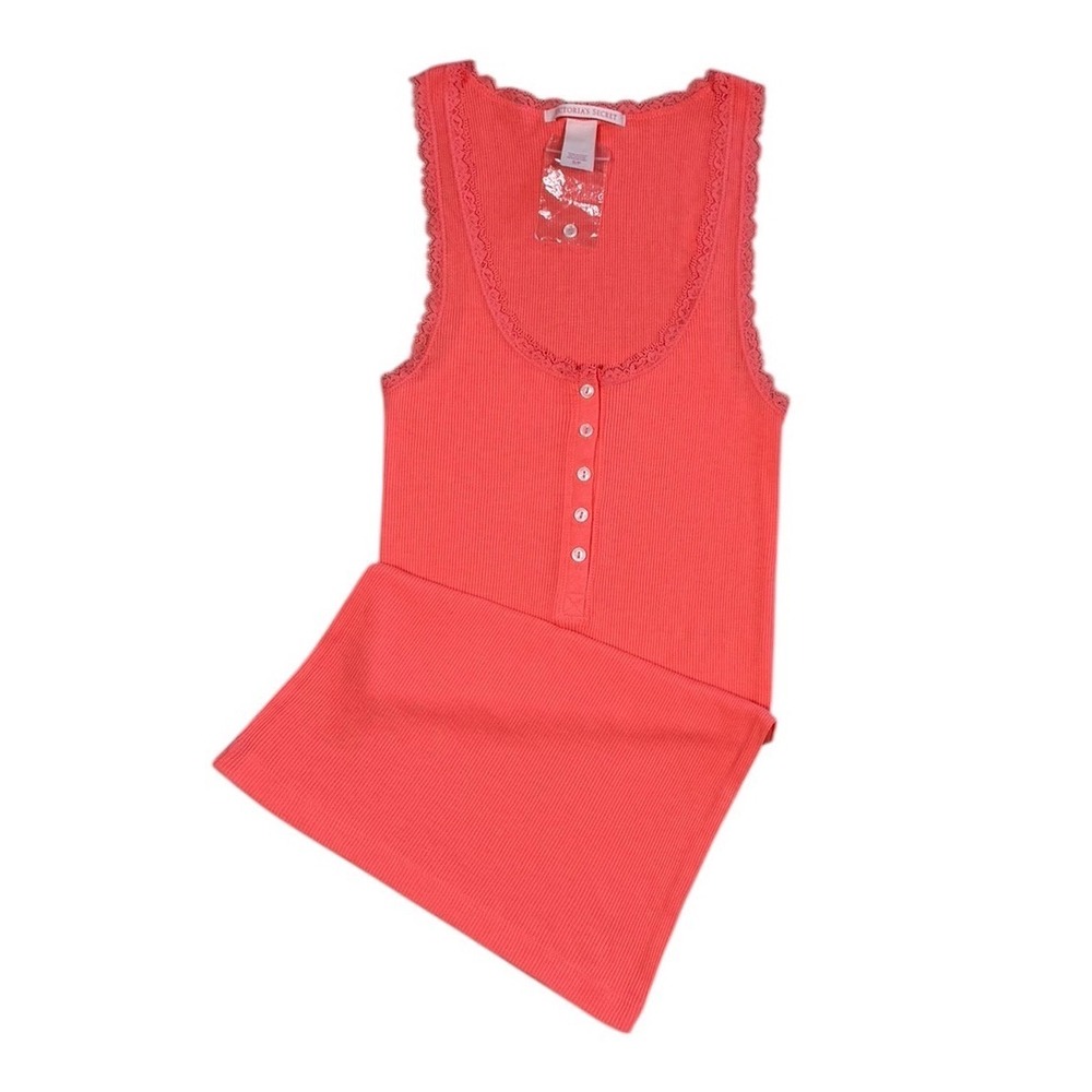 Victoria's Secret Women's Coral Pink Ribbed Henley Lace Trim Tank Top Size Small